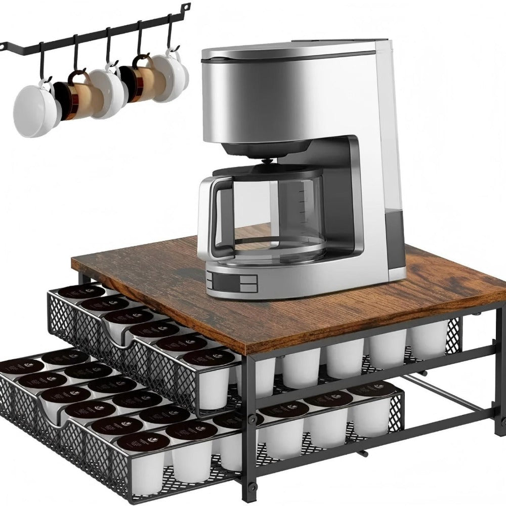 K-Cup Coffee Pod Holder 72 Capacity – 2-Tier Sliding Drawer Coffee Pod Organizer with Wood Top & Metal Frame, Non-Slip Base, Stackable Countertop Storage for Home, Office & Cafe – Silver