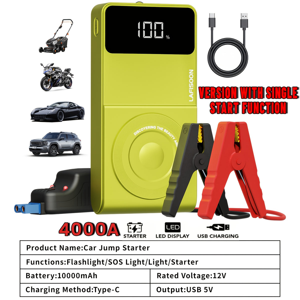 Portable Car Jump Starter & Jump Starter with Air Compressor (Optional), Jump Starter Battery Pack, Current Car Battery Booster, 12V Vehicles (1.98gal Gasoline/ 1.59gal Diesel Engine), Compatible with Sedans, SUVs, Pickup Trucks & Lawn Mowers