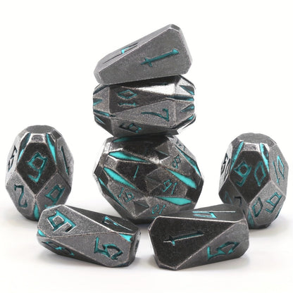 Metal DnD Dice Set 7pcs Glow in the Dark – Stonehenge Zinc Alloy Polyhedral Dice with Display Box, D4 D6 D8 D10 D12 D20 for D&D RPG Tabletop Games, Unique Gamer Gift Blue