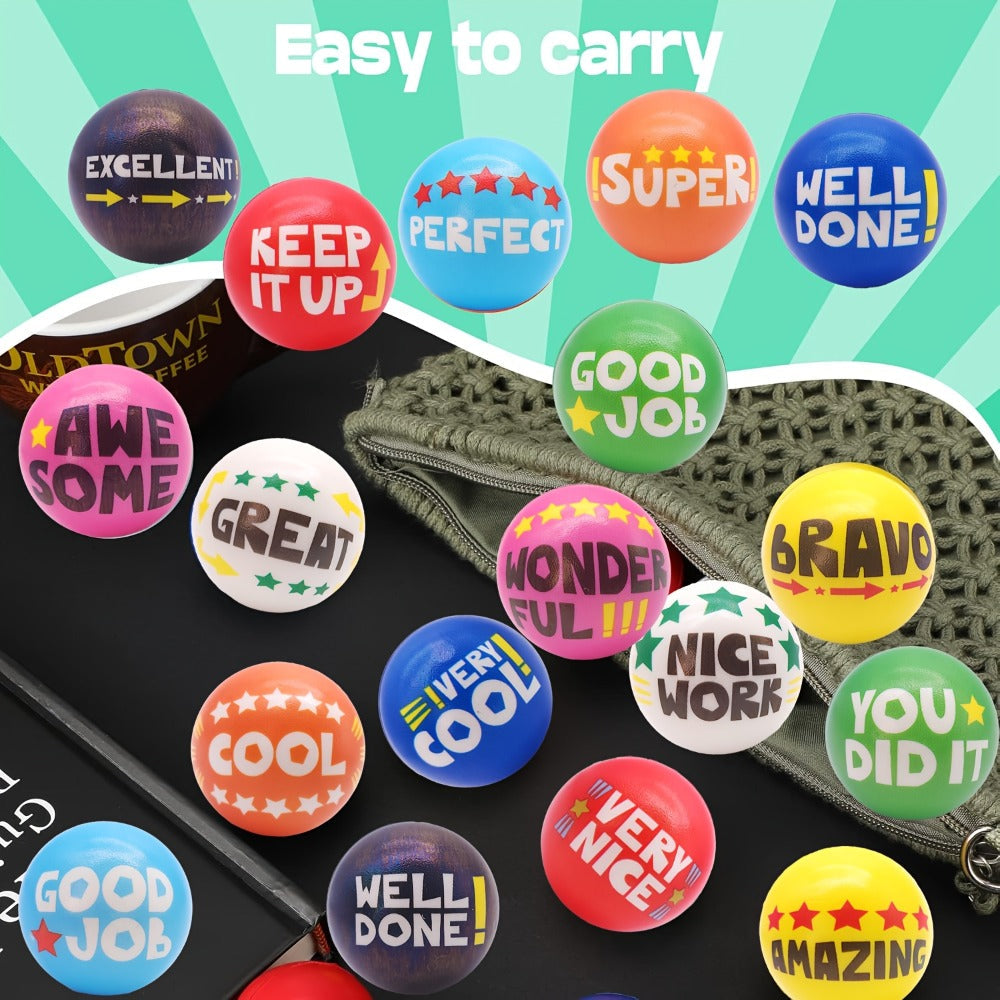 Motivational Squeeze Stress Balls 24 Pack Multicolor – Soft 2.48" Squishy Balls with Positive Affirmation Slogans for Classroom Prizes, Office Stress Relief, Team Building Rewards & Party Favors