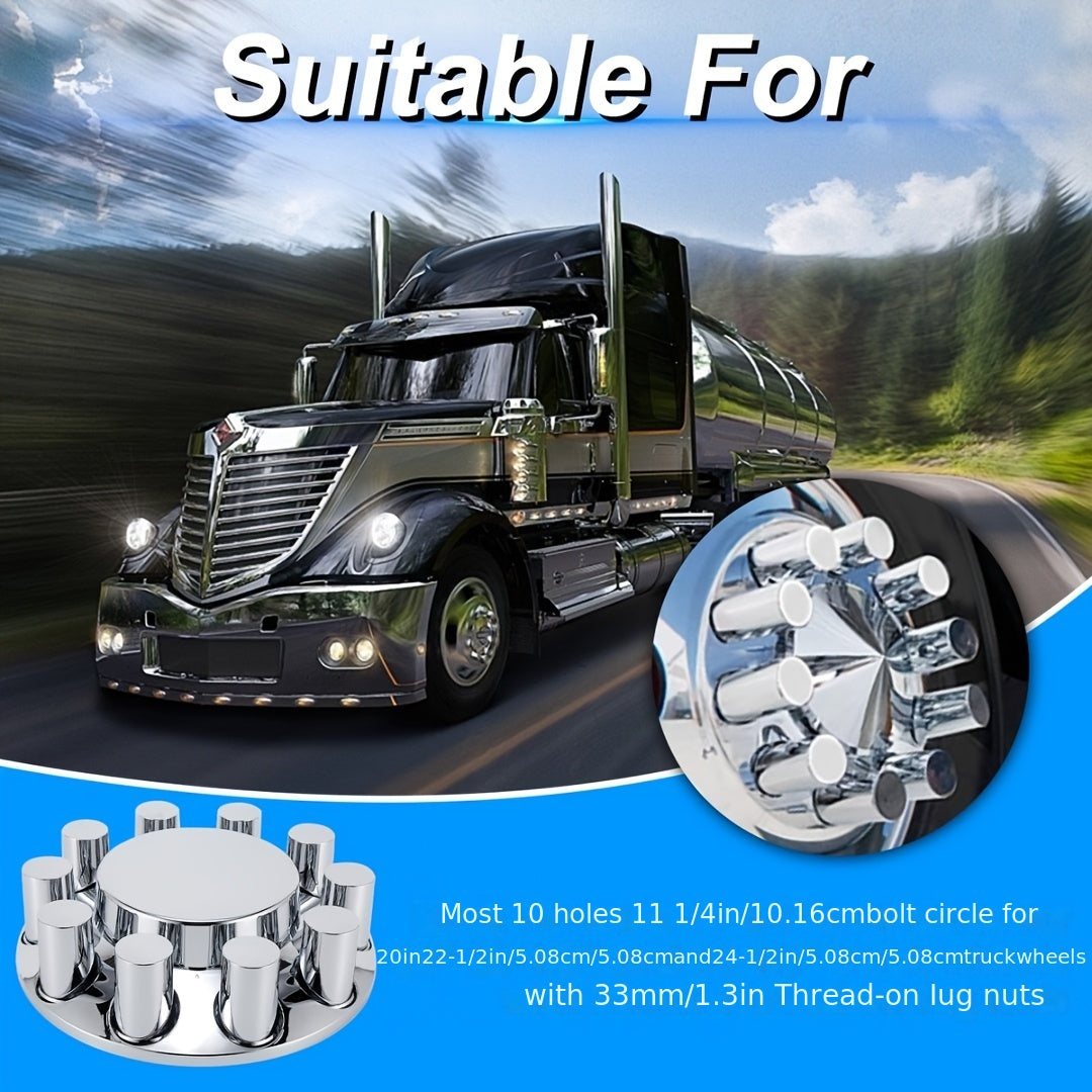 ABS Chrome Plastic Front And Rear Axle Cover Kits with 33mm Thread-on Flange Nut Covers for Semi Trucks In Pairs (Flat Top Front 2 Set & Whole 2+4 Set)