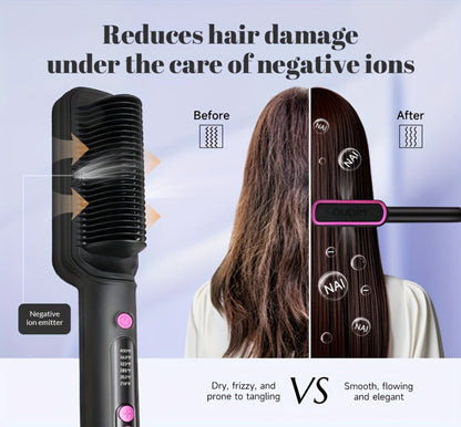 6-Setting Ionic Hair Straightener Brush with Fast Heat-Up & Anti-Scald Protection – Precise Temperature Control Flat Iron Straightening Comb for Women, All Hair Types, Home & Salon Use