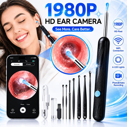 Ear Wax Removal Camera Visual Ear Cleaner 1080P HD – 6 Safety Ear Spoons 7-Piece Kit, USB Charging, Real-Time Smartphone Inspection, Portable Ear Cleaning Tool for Adults Kids, Black and White