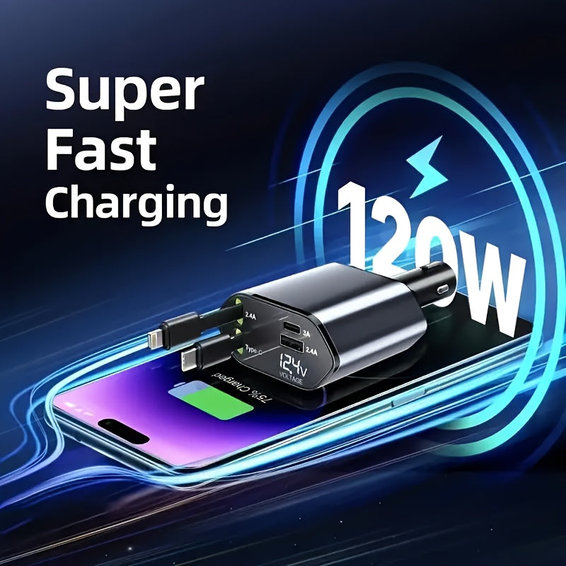 120W Retractable 4in 1 Fast Charging Car Charging Cable 4 Ports Car Charger Adapter Compatible with iPhone 15/ 14/ 13/ 12/ 11 Galaxy Pixel and All iOS and Android Devices - Safe and Reliable Car Plug