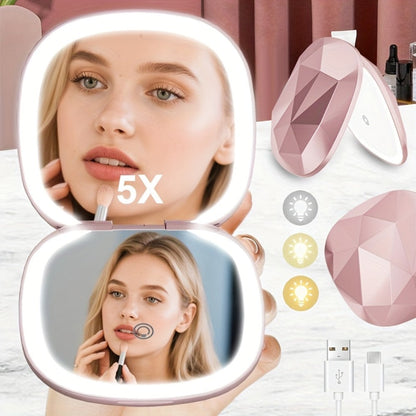 LED Makeup Mirror with 5X Magnification & 3 Color Lights - Dual Sided 1X 5X Lighted Vanity Mirror, Portable Compact Travel Mirror for Women, Purse Desk Office Gift
