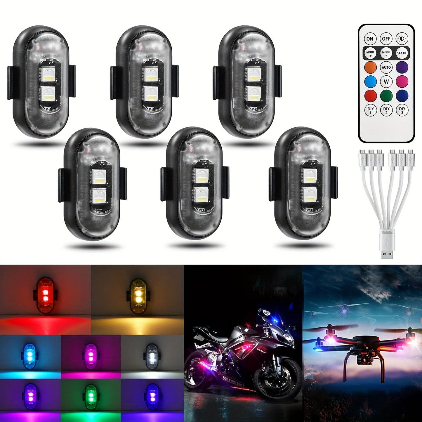 6/8 Pack Car Wireless LED Lights with Remote Control, Wireless LED Strobe Light 8 Colors USB Charging IP65 Anti-Collision Warning Light for Car Interior Truck Motorcycle Drone Aircraft Bicycle