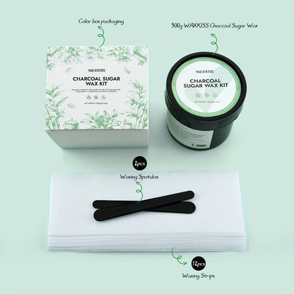 Sugar Wax Hair Removal Kit 300g - Gentle Soft Wax with Strips & Sticks for Body Hair Removal, Lemon or Activated Carbon Formula, Residue-Free At-Home Waxing for Women