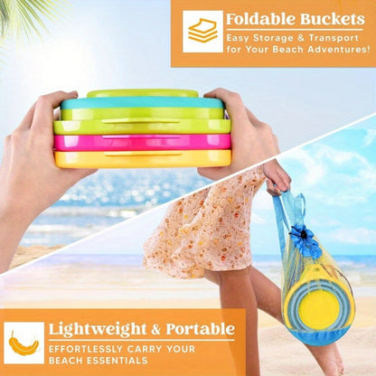 Collapsible Beach Bucket Set 3-Pack with Shovels & Mesh Backpack – Foldable Sand Pail Kit for Kids, Beach Camping Travel Fishing Outdoor Toy, Birthday Party Favor Gift (Yellow/Blue/Green or Pink/Purple/Green)