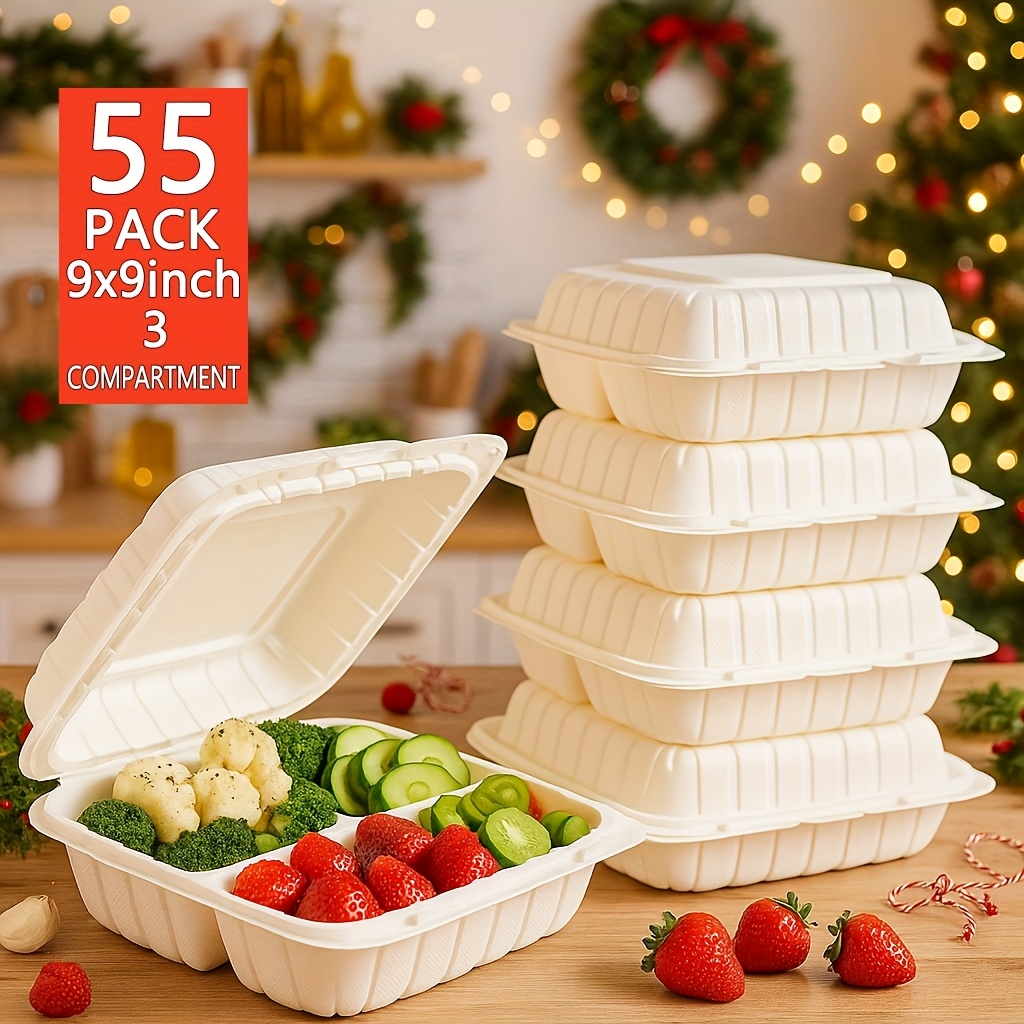 Disposable Food Containers Take Out Boxes with Lids - 7" 8" 9" Plastic Clamshell Meal Prep Containers BPA Free 1 & 3 Compartment Heavy Duty Reusable White