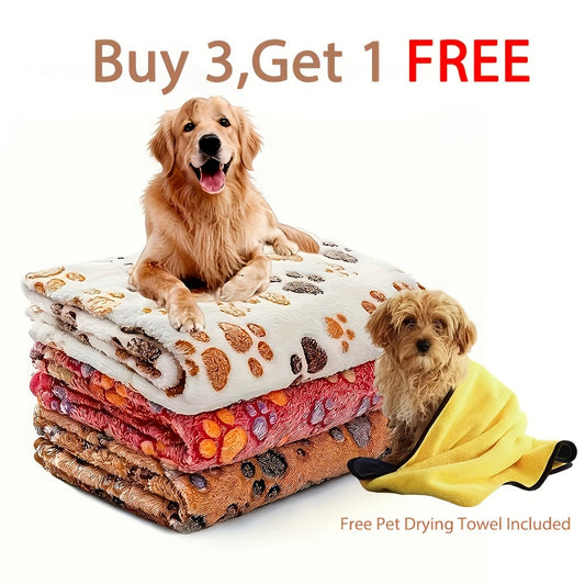 Pet Blanket 3 Pack - Super Soft Fleece Flannel Throw for Dogs Cats Puppies, Cute Paw Bone Elephant Dot Patterns, Small Medium Large Sizes, Cozy Dog Cat Blanket with Free Pet Drying Towel