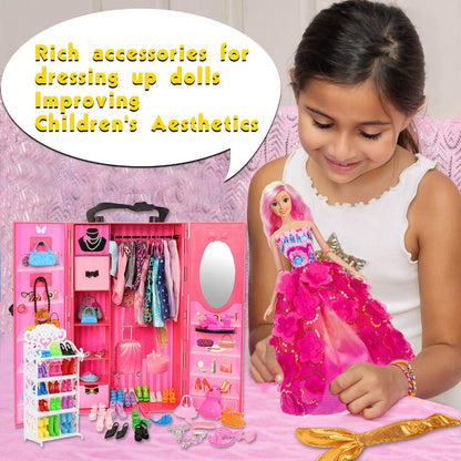 Doll Closet Playset 105 Piece Rose Wardrobe for 11.5 Inch Dolls – Wedding Gowns Fishtail Dress Swimsuit Shoes Handbags Crowns & Necklaces, Barbie-Size Fashion Gift for Girls Ages 6-12 No Doll