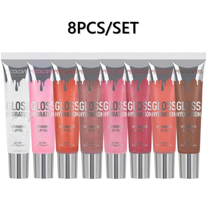 Pearlescent Glitter Lip Gloss Set 8 Pieces with Moisturizing Lip Oil Formula — High Shine Long-Lasting Non-Sticky Multi-Shade Collection for Women Everyday Wear & Glam Looks Gift