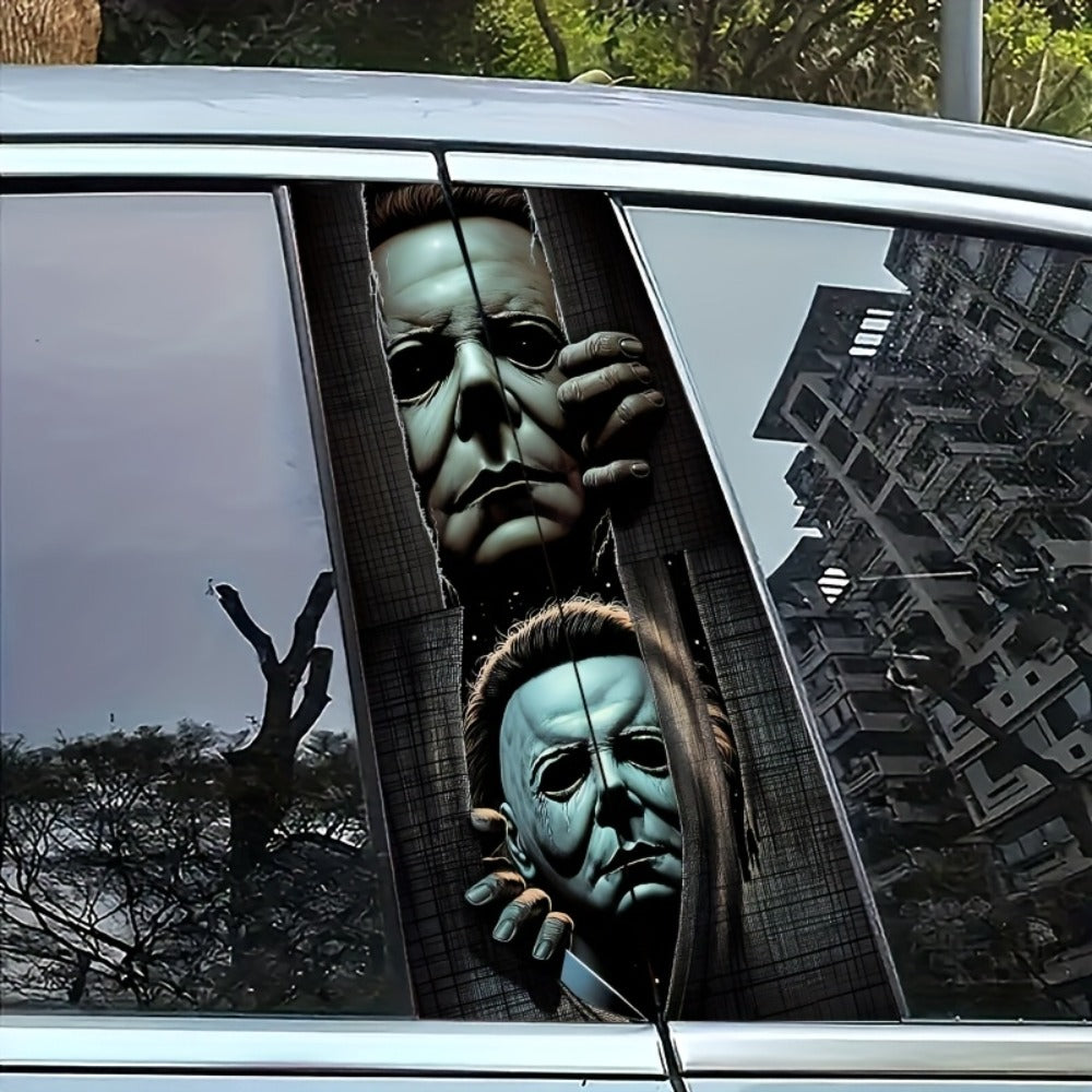 Horror Masked Figure Car Stickers 2PCS - Matte Vinyl Waterproof Scratch-Resistant Decals, Easy Apply No Residue, Halloween Car Window Bumper Sticker Set