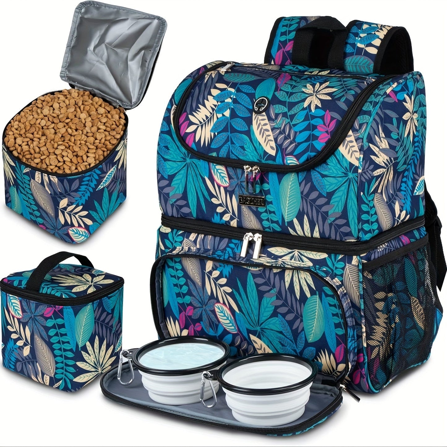 Pet Travel Backpack Double Layer Dog Cat Supplies Bag with 2 Collapsible Bowls 2 Food Baskets Portable Organizer for Outdoor Hiking Camping Road Trip