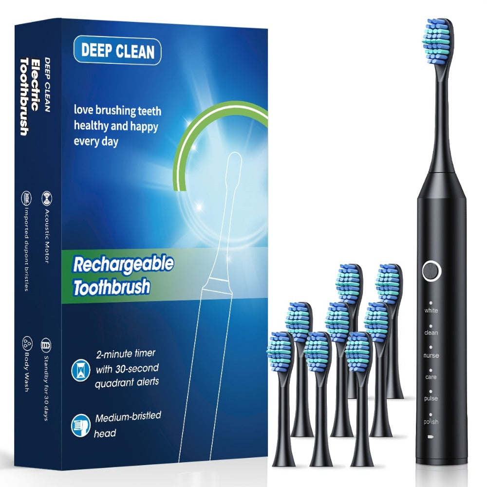 Rechargeable Toothbrush – 6 Cleaning Modes, 500mAh Lithium Battery, USB Charging, Soft Bristles, 4 or 8 Brush Heads, Black White Pink Electric Toothbrush for Adults Deep Clean & Whitening