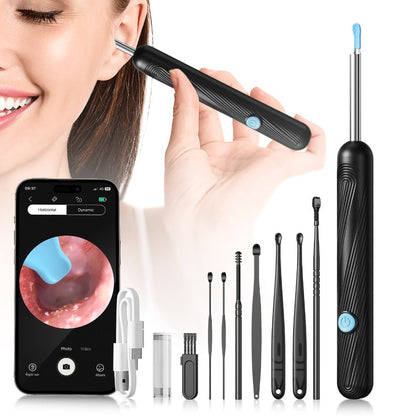 Ear Wax Removal Camera Visual Ear Cleaner 1080P HD – 6 Safety Ear Spoons 7-Piece Kit, USB Charging, Real-Time Smartphone Inspection, Portable Ear Cleaning Tool for Adults Kids, Black and White