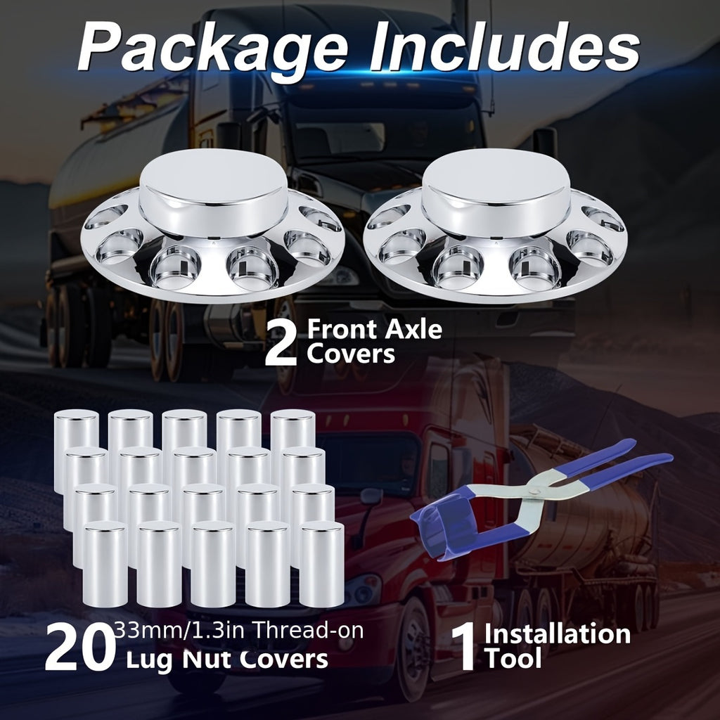 ABS Chrome Plastic Front And Rear Axle Cover Kits with 33mm Thread-on Flange Nut Covers for Semi Trucks In Pairs (Flat Top Front 2 Set & Whole 2+4 Set)