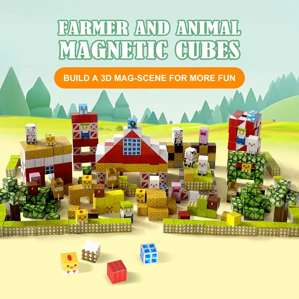 Farm Animal Magnetic Blocks 54pcs STEM Educational Toy – Farm Theme Magnetic Cubes with Animals & Farmer, Creative Learning Building Set, Birthday Easter Christmas Gift for Kids