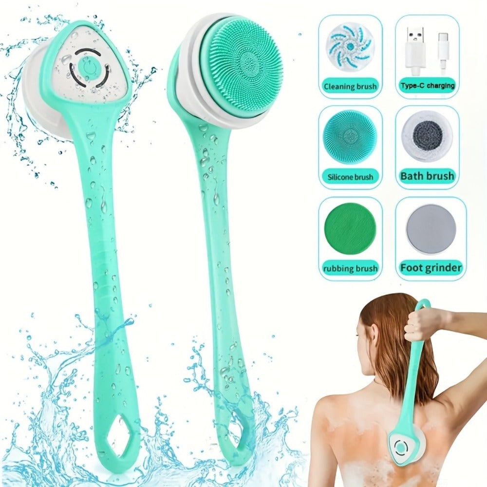 Electric Body Scrubber Brush 5-in-1 Rotating Shower Exfoliator with Long Handle - Soft Bristle Waterproof Bath Brush for Back Face & Full Body, Home Spa Skin Care Tool for Women & Men