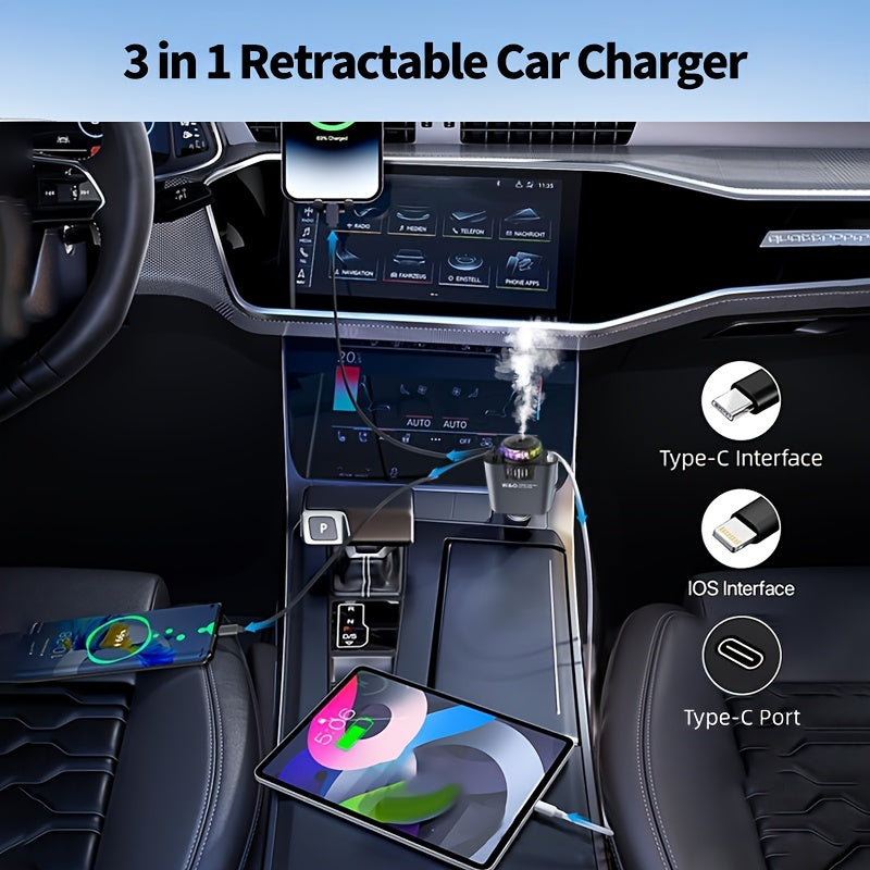 Perfume Is Sold Separately/New AromaRelax Car ChargerBLUE/RED Light, 3-in-1 Retractable Car Charger with Starlight Projector, Fast Charging Car Phone Charger with 2.6ft Retractable Cable And USB-C Port.