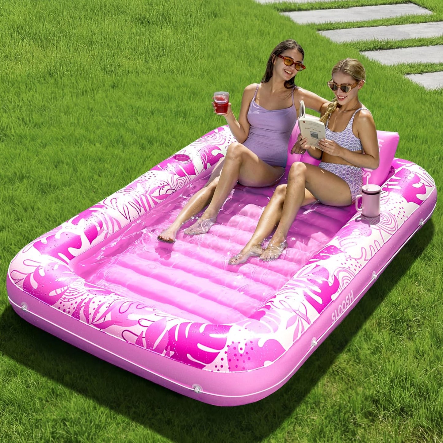 Hot Pink Inflatable Suntan Pool Float Lounger – 4-in-1 Tanning Raft with Built-In Pillow, Sunbathing Bed & Ball Pit | Large 1-Person or XL 2-Person Adult Pool Floatie for Pool Lake Beach