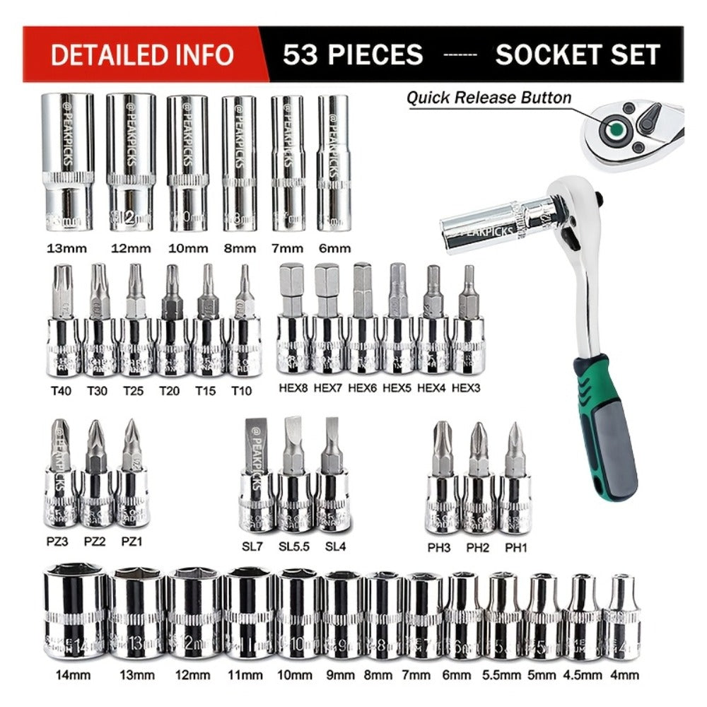 Mechanic Tool Kit Auto Repair Socket Set 1/4" 3/8" 1/2" Drive Ratchet Wrench Combination – 53 to 216-Piece Professional Grade Car Repair Tools with Depth & Standard Sockets