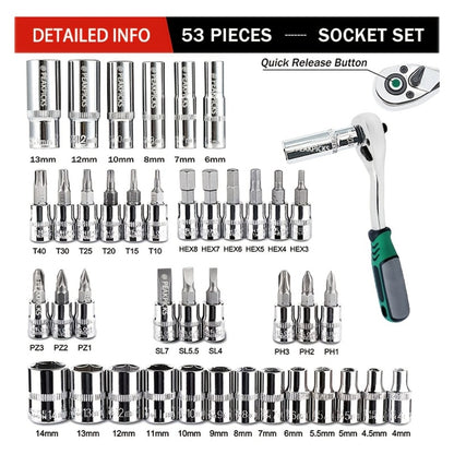 Mechanic Tool Kit Auto Repair Socket Set 1/4" 3/8" 1/2" Drive Ratchet Wrench Combination – 53 to 216-Piece Professional Grade Car Repair Tools with Depth & Standard Sockets