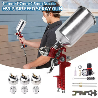 HVLP Gravity Feed Spray Gun Set – 3 Nozzles (1.4 / 1.7 / 2.0mm) with 1000cc Aluminum Cup for Automotive Painting, Base Coat, Clear Coat & Touch-Up, Stainless Steel Needle, Red