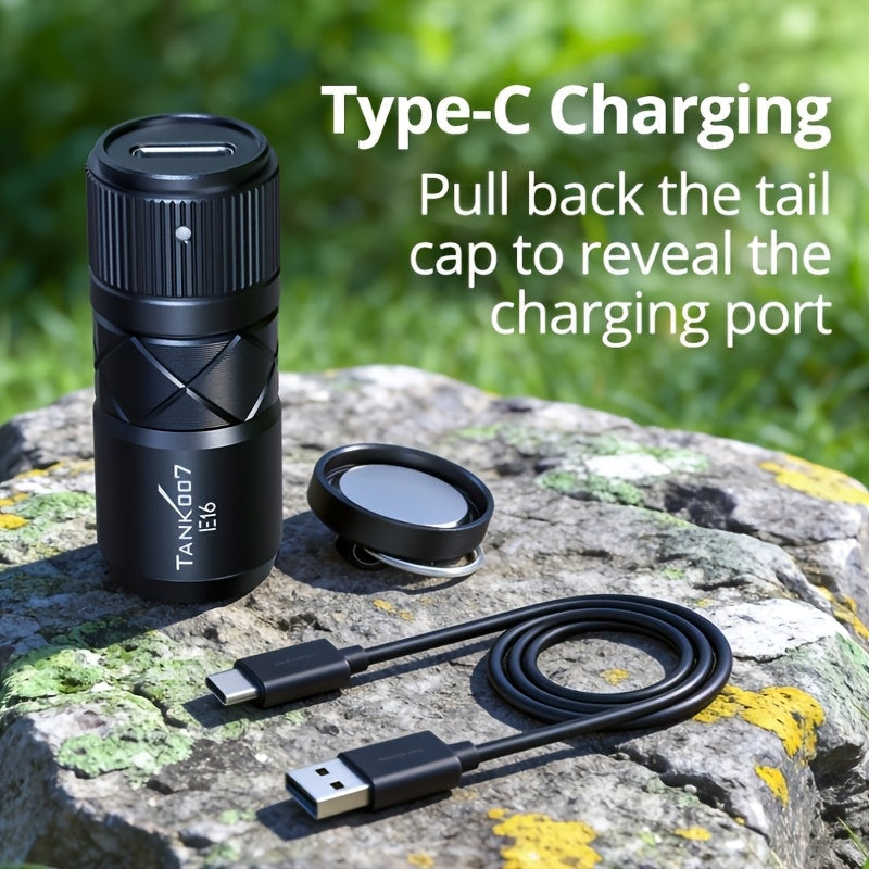 Magnetic EDC Flashlight Tank 007 E16 – Type-C Rechargeable Mini Zoomable LED Torch, Lithium Polymer Battery, Compact Aluminum Alloy Design for Outdoor & Indoor Use