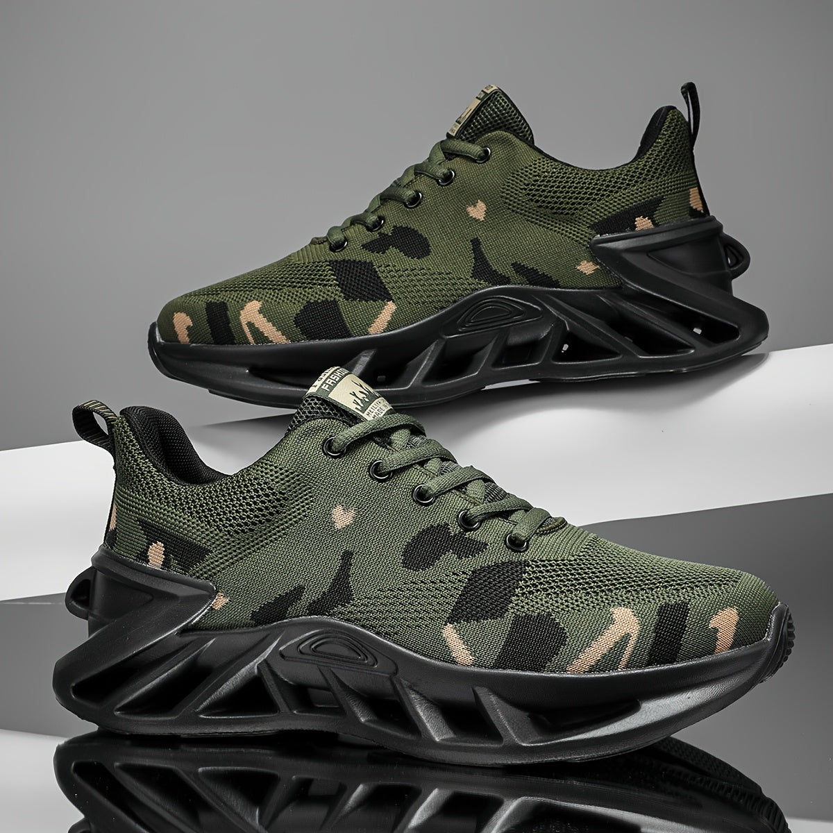 Camouflage Mesh Running Shoes - Rubber Sole and Lace-Up Fit
