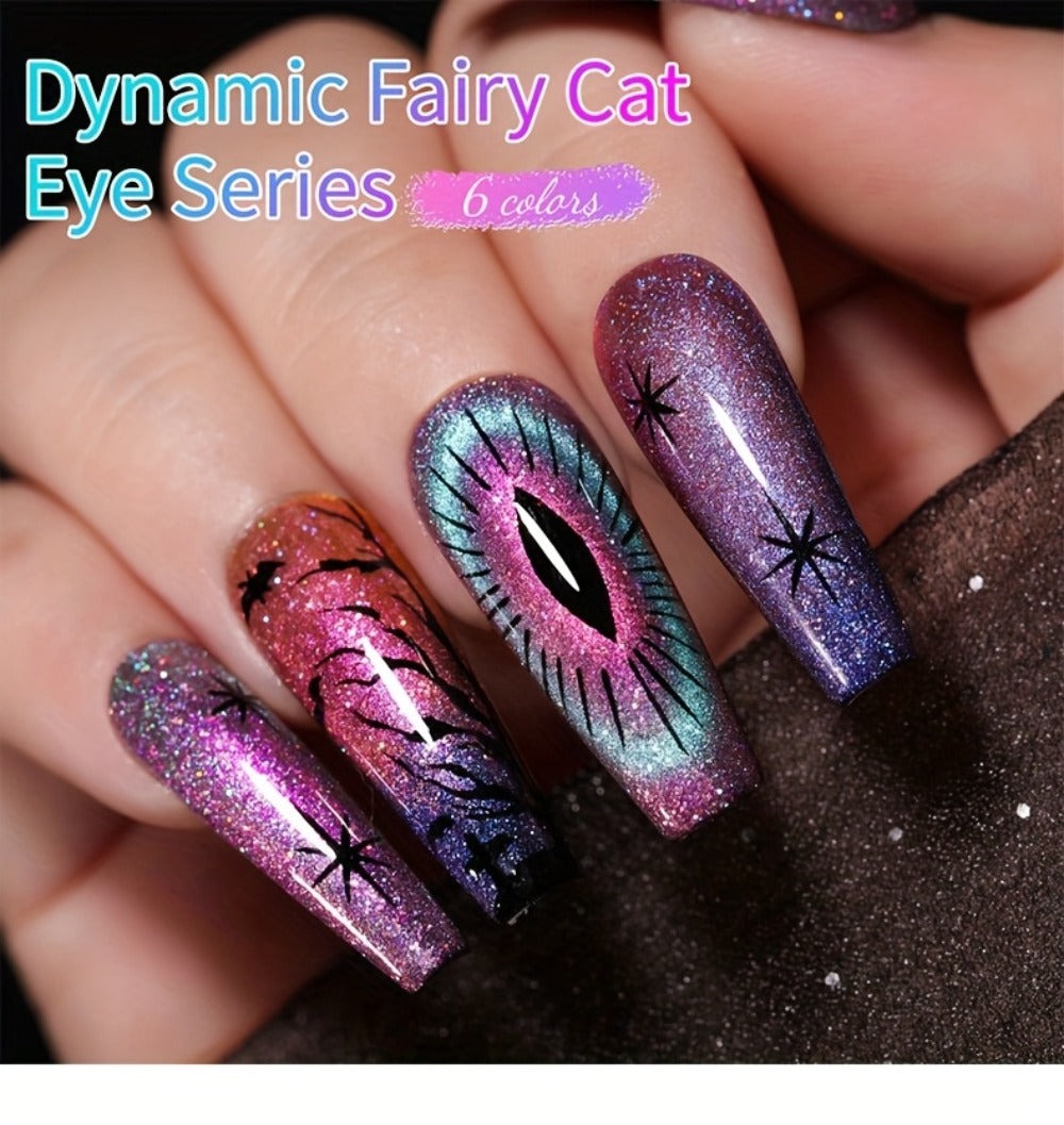 Cat Eye Gel Polish Set 6 Colors Holographic Magnetic — Dynamic Elf Reflective Soak Off UV LED Nail Gel 0.51oz Each | Multidimensional Light-Shifting Sparkle for Salon & Home Nail Art | Long-Lasting Chip-Resistant
