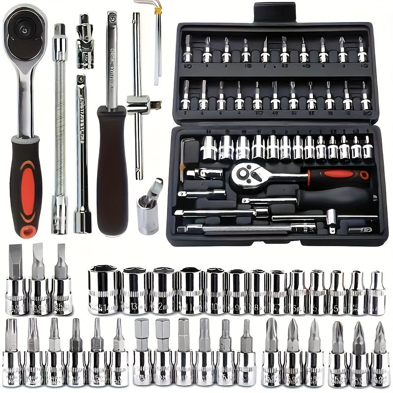 Heavy-Duty 1/4-Inch Drive Socket Set with Quick-Release Ratchet, Screwdriver Kit & Extension - -Socket Storage Case Included - Durable Construction for Professional Mechanics & DIY - Compatible for Automobiles, Trucks