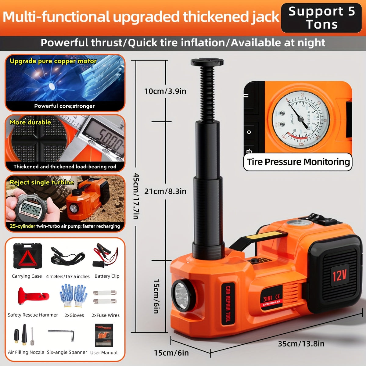 Car Jack Hydraulic Jack - 5 Tons Electric Car Jack Stand 3-in-1 Car Jack Kit for Car SUV Car Lift Floor Jack for Tire Change And Road Emergencies with Integrated Tire Pump (orange)