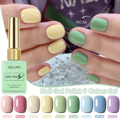 Gel Nail Polish Set 9 Colors Macaron Pastel in Square Bottles — High Saturation UV LED Cure Chip-Resistant Long-Lasting Gel Polish Kit for Women Salon & DIY Nail Art Gift