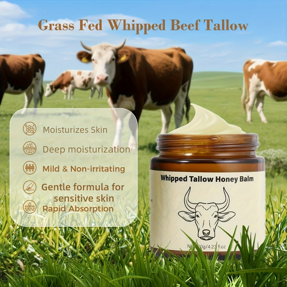Whipped Beef Tallow Balm for Face & Body 4oz - Grass-Fed with Honey, Natural Non-Greasy Deep Moisturizer for Dry & Sensitive Skin, Vitamins A D E K, Unrefined Formula for Women & Men