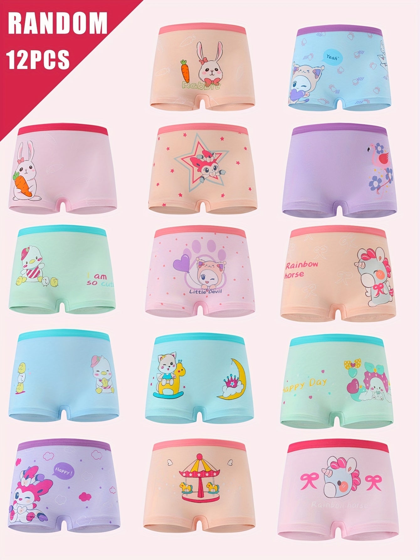 Girls' Boxer Briefs - 12-Pack Assorted Cartoon Print Style 5413