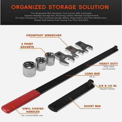 Serpentine Belt Tool Set 8-Piece, Universal 3/8" & 1/2" Drive Belt Tensioner Wrench Kit with Idler Pulley Adjuster & Crowfoot Wrenches, Chrome Vanadium Steel, Car Engine Belt Removal & Installation