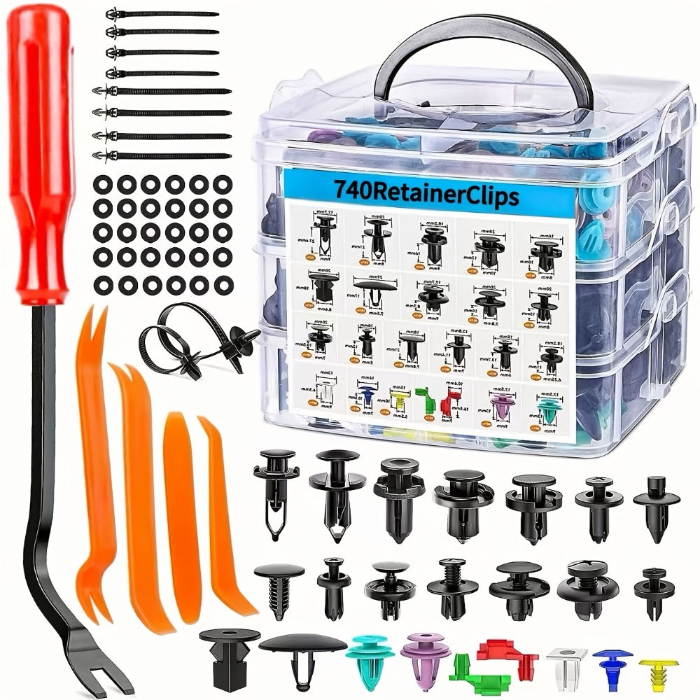 Car Body Clips Fasteners Assortment Kit 735/740pcs - 23 Sizes Nylon Bumper Fender Rivets with Zip Ties & Fastener Remover Tool