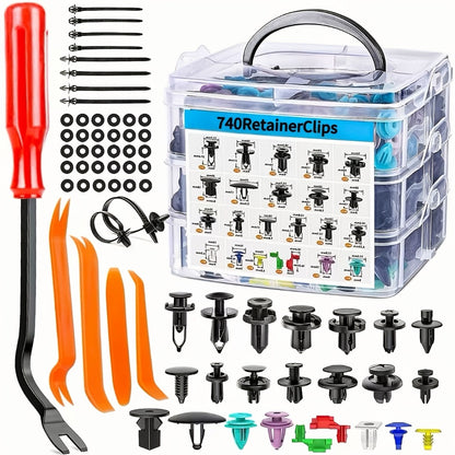 Car Body Clips Fasteners Assortment Kit 735/740pcs - 23 Sizes Nylon Bumper Fender Rivets with Zip Ties & Fastener Remover Tool