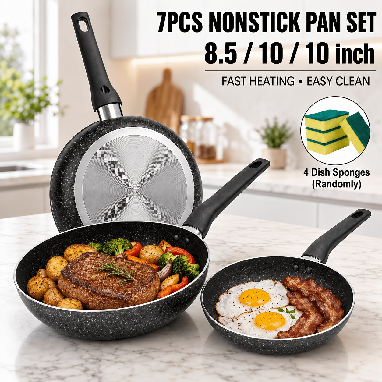 Nonstick Frying Pan Set 7pcs – 8.5" & 10" Aluminum Skillets with Deep Frying Pan, Fast Heating, Easy Clean – Durable Cookware Set with 4 Dish Cloths for Home Kitchen & Camping