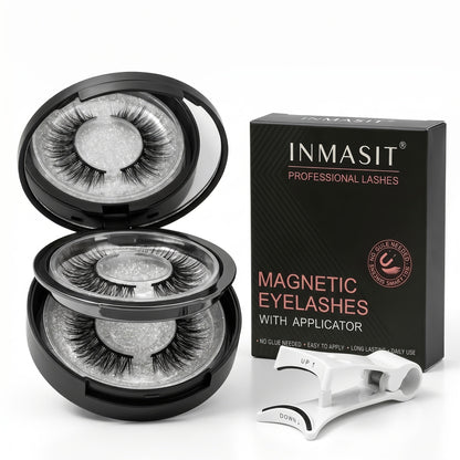 Magnetic Eyelashes Glue-Free Reusable False Lashes – Natural Wispy Fluffy Cat Eye Style, Waterproof & Sweatproof with Applicator & Storage Case, Black & Pink Set for Daily Wear, Parties & Beauty Gifts