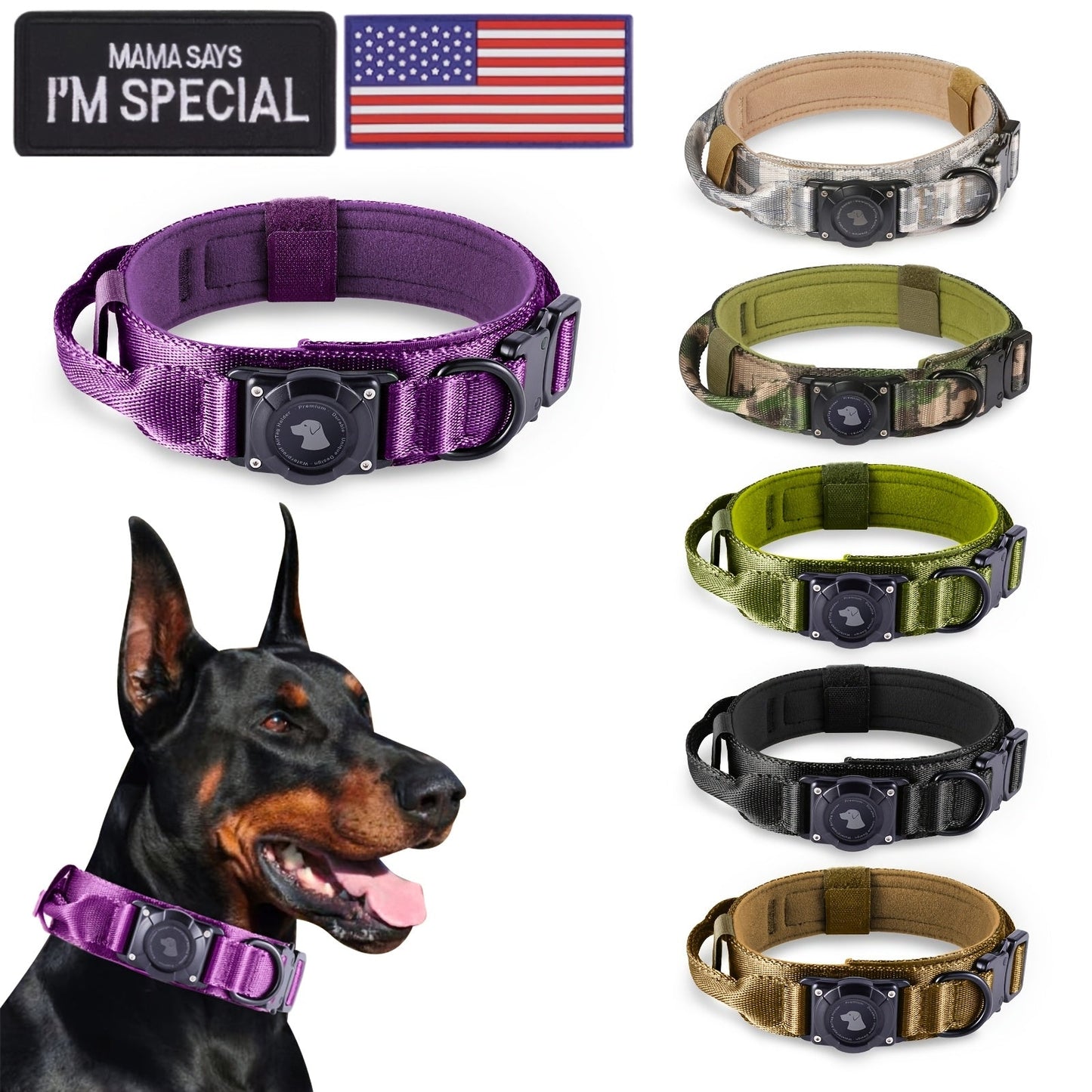 Tactical Dog Collar with AirTag Holder and Handle Adjustable Heavy Duty PC Case GPS Tracking Compatible for Medium Large Dogs M L XL 9 Colors No AirTag