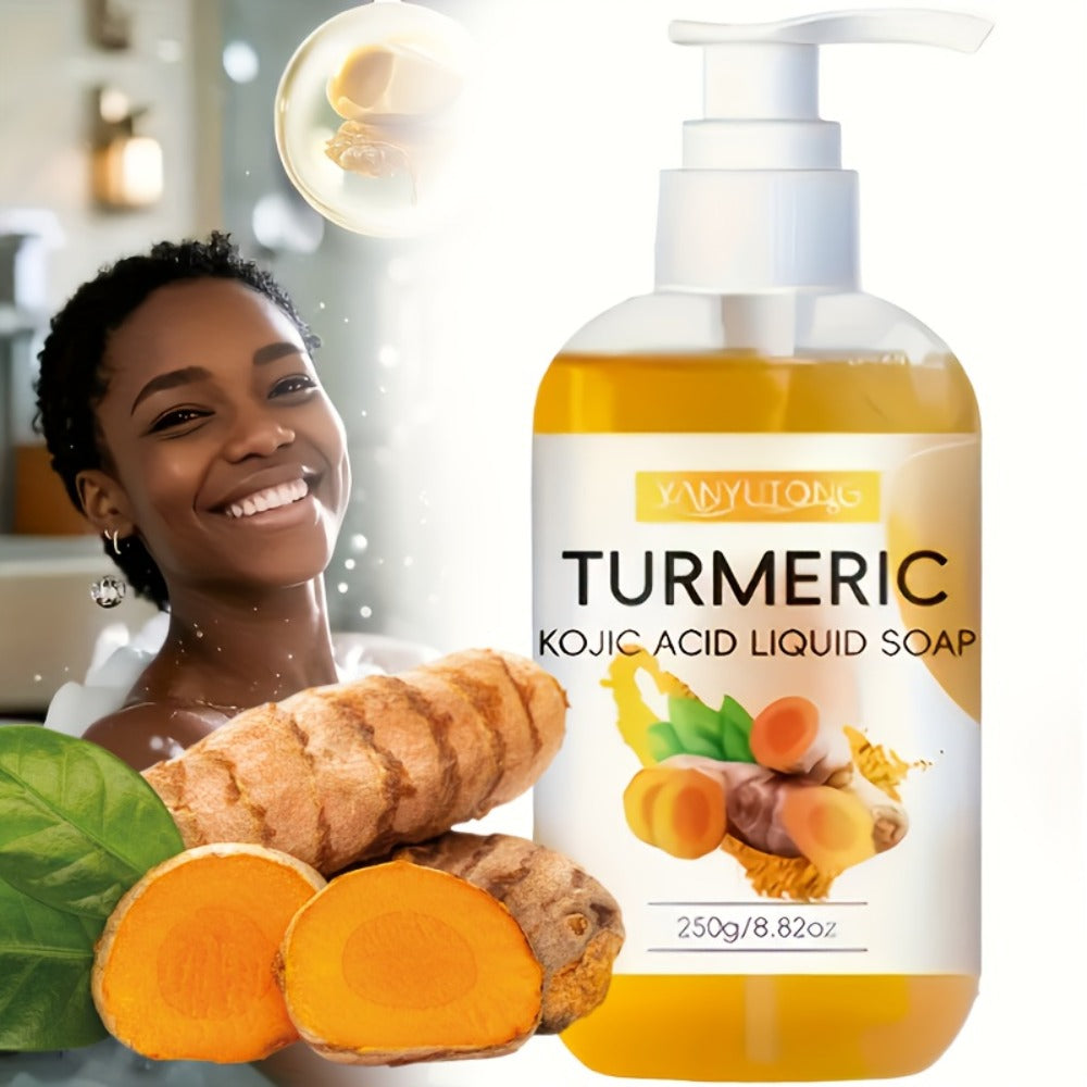 Turmeric Kojic Acid Liquid Soap 250g – Skin Brightening Body Wash for Dark Spots, Even Skin Tone, Deep Cleansing Rich Foam, Long-Lasting Fragrance, Gentle for All Skin Types