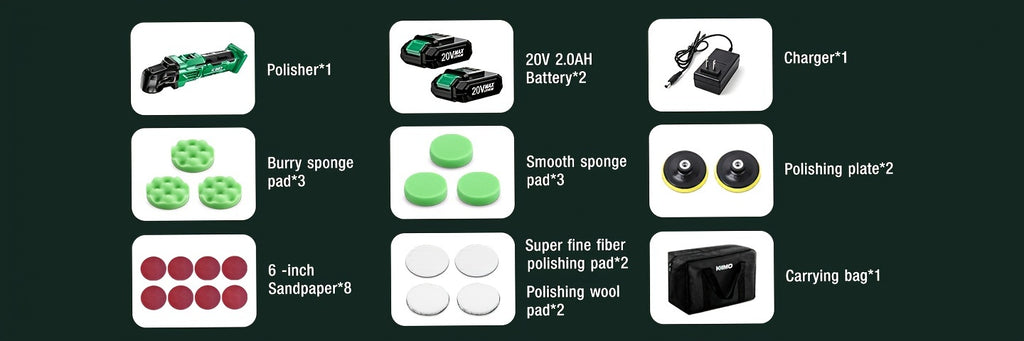 KIMO 20V Cordless Buffer Polisher Kit, 24 Accessories, 2 X 2000mAh Batteries, Car Polisher W/ 6 Variable Speed Up to 3634RPM, Cordless Polisher for Car Detailing Waxing Polishing Scratch Removing Bathroom Cleaning