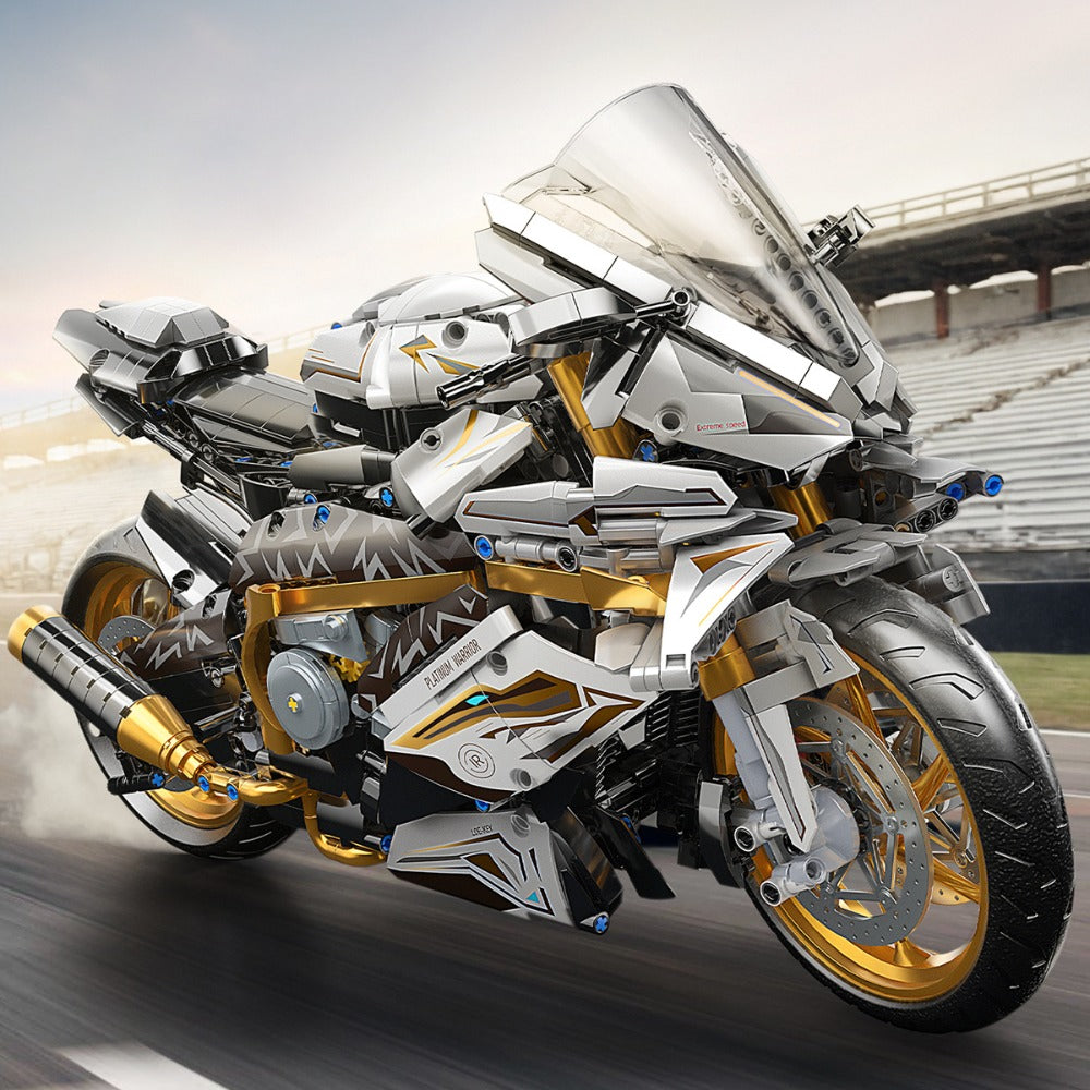Motorcycle Building Blocks Model Kit 1:5 Scale 2000+ Pieces – Platinum Gold & White Collectible Brick Motorbike Display Set, Unique Gift for Men Adults Collectors Birthday Christmas (Premium Edition)