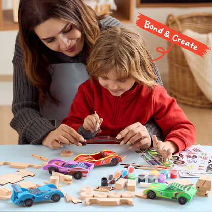 DIY Wooden Race Cars 4pcs Build & Paint Kit for Kids Ages 8+ – 44 Pre-Cut Pieces 12 Colors Racing Stickers, Paint Your Own Wood Craft Toy STEM Arts Crafts Birthday Gift for Boys Girls
