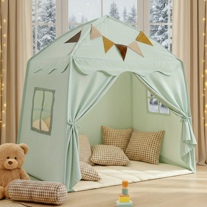 Play Tent for Kids Extra Large – Portable Foldable Teepee Indoor Outdoor Dome Playhouse with Flags, Bed Canopy Reading Nook for Boys Girls, Beige Pink Green Brown Cream 51–59 Inch