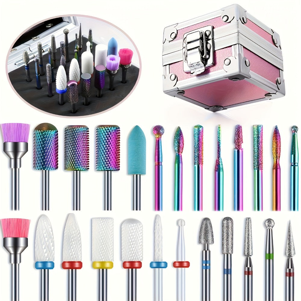 Nail Drill Bit Set Tungsten Steel & Ceramic Grinding Heads with Storage Box for Gel Removal Nail Enhancement Polishing Shaping Multi-Grit Abrasive Bands Coarse Medium Fine Electric Nail Drill Machine