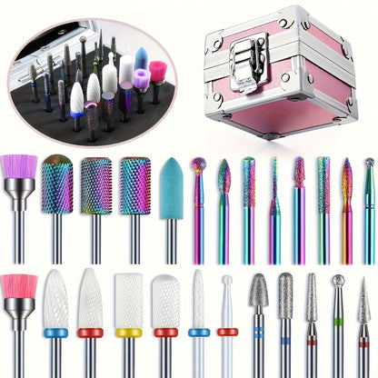 Nail Drill Bit Set Tungsten Steel & Ceramic Grinding Heads with Storage Box for Gel Removal Nail Enhancement Polishing Shaping Multi-Grit Abrasive Bands Coarse Medium Fine Electric Nail Drill Machine