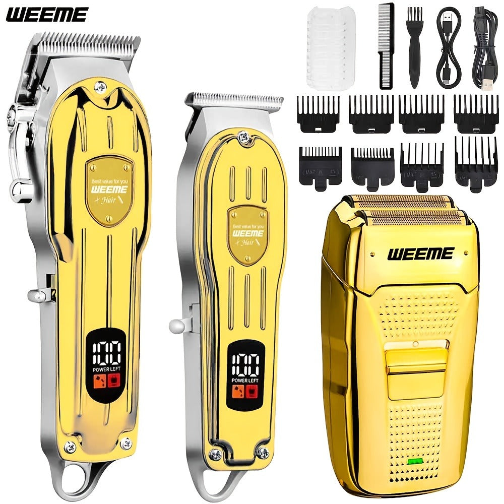 T-Blade Hair Clipper Set for Men - Golden Series USB Rechargeable Trimmer Kit with Guide Combs & Cleaning Brush, 1pc 2pcs 3pcs Options, Edge-Up Fade Beard Grooming, Gift for Men